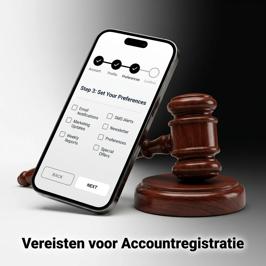 Vereisten voor accountregistratie online gokplatform: minimumleeftijd 18 jaar, geldig e-mailadres en één account per persoon.